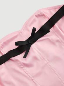 SHEIN MOD Top sans bretelles en satin à volants avec décoration nœud pour femmes - Rose bonbon - Voir 3