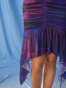 Yelly Gray Designer Deep V Floral Flower Printed Asymmetric Ruffle Dress, Sundress Summer Elegant Dress, Sundress Holiday, Party Outfit, Birthday Outfits, Festival, Wedding, Prom Dress, Brunch Outfits, Tea Party Dress - Purple - View 4