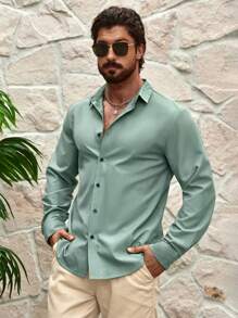 Manfinity Homme Men's Spring/Summer Casual Button-Down Long-Sleeved Shirt - Green - View 5