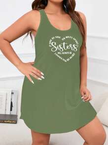 SHEIN EZwear Plus Size Women's Sleeveless Dress With Slogan & Heart Print - Army Green - View 5