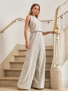 SHE(IN) BRASIL Solid Knot Shoulder Wide Leg Jumpsuit - 淺灰色 - 查看 1