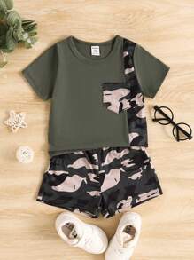 Fashionable Baby Boy Camouflage Printed Green Short Sleeve Set For Spring/Summer - Army Green - View 1