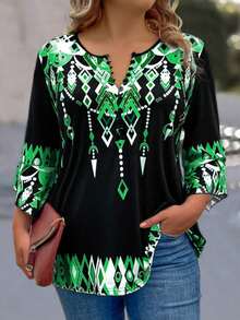 EMERY ROSE 加大尺碼幾何圖案鈕扣半開襟t恤 - 綠色 - 查看 3