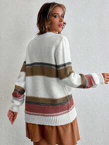 EURMUSE Color Block V Neck Drop Shoulder Sweater - Multicolor - View 2