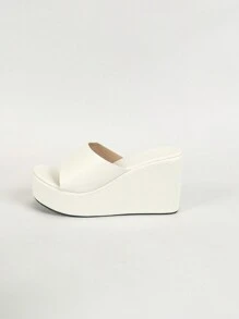 Women's Chunky Heel Platform Slippers, Spring/Summer, With Slope & Round Toe, Non-Slip Sole, Fashionable, In White Color