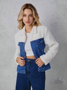 SHE(IN) BRASIL 拼接絨毛翻蓋細節牛仔夾克 - 深色水洗藍 - 查看 3