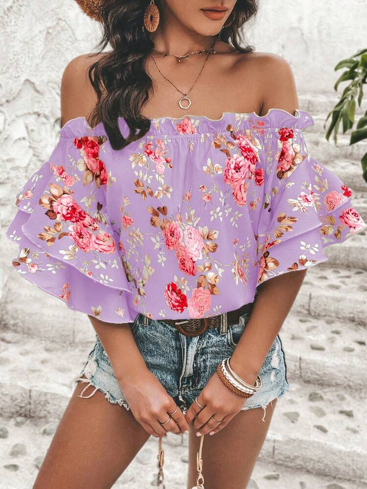 Floral Printed Off Shoulder Summer Holiday Casual Blouse