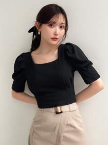 FRIFUL Camiseta Feminina Com Mangas Bufantes, Gola Redonda E Laço Nas Costas, Cor Sólida - Preto - Ver 3