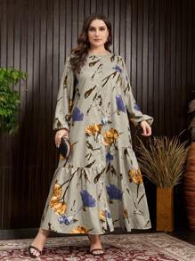 Mulvari Plus Size Spring Casual Flower Printed Lantern Sleeve Dress - Army Green - View 1