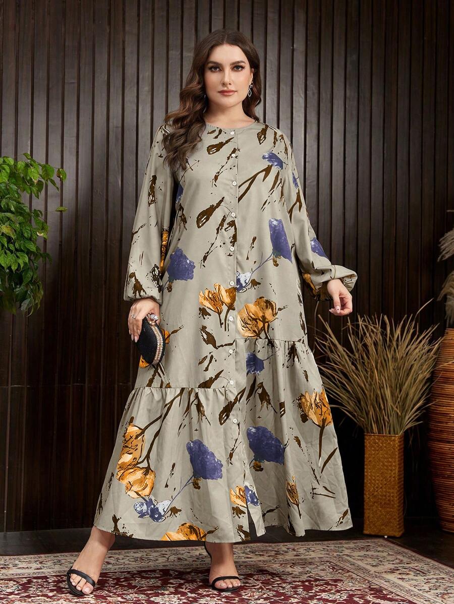 Mulvari Plus Size Spring Casual Flower Printed Lantern Sleeve Dress - Army Green - View 1