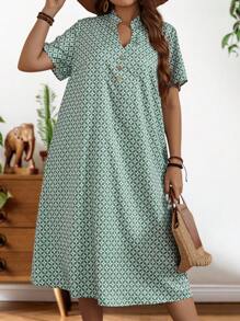 EMERY ROSE 大尺碼女士夏季綠色幾何圖案短袖鈕扣裝飾連衣裙 - 綠色 - 查看 5
