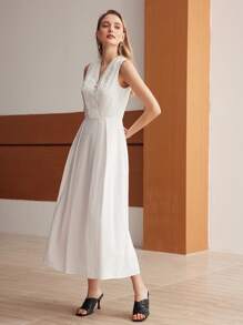 MOTF PREMIUM Dệt Của phụ nữ Cổ chữ V Xếp nếp Đầm - trắng - Xem 4