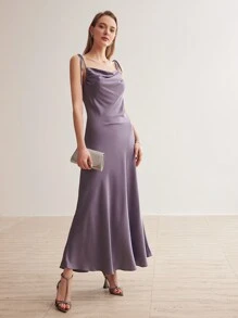 MOTF PREMIUM SATIN BOWKNOT SHOULDER STRAPS SLIP DRESS - Purple - View 9