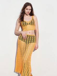 Maija Bộ đồ hai mảnh dệt kim khoét rỗng đơn giản cho nữ đi nghỉ - Màu vàng - Xem 4