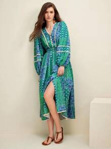 Anewsta沙灘風格接接花印花蕾絲邊燈籠袖集褶束腰v領裙 - 綠色 - 查看 3