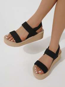 女士彈性帶編織草皮拖鞋,黑色繩索楔型拖鞋,夏季時尚沙灘平底涼鞋,卡其色 - 黑色 - 查看 4