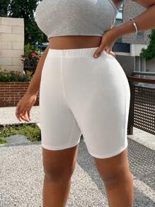 SHEIN EZwear Plus Size Solid Color Elastic Waist Cycling Shorts With Back Pocket - White - View 4