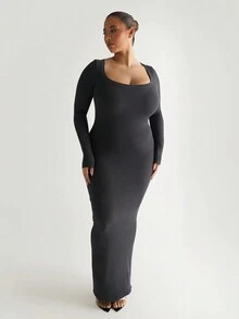 春秋長袖修身連衣裙,性感大圓領,純色親膚,優雅休閒女裝,深灰色基礎氣質簡約長裙 - 灰色 - 查看 5