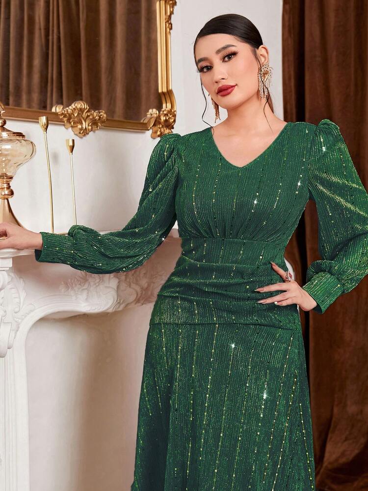 Sparkly Lantern Sleeve Waist-Cinched Dress