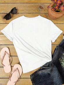 INAWLY 女士休闲短袖 T 恤，卡通熊印花，夏季图案 T 恤女上衣 - 白色 - 查看 2