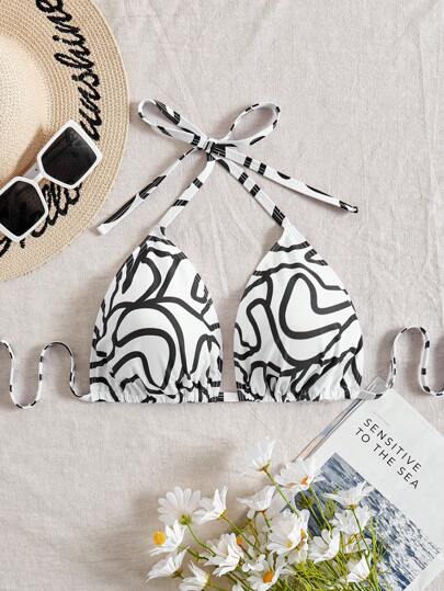SHEIN Swim Curve Plus Size Summer Beach All Over Print Halter Strap Bikini Top