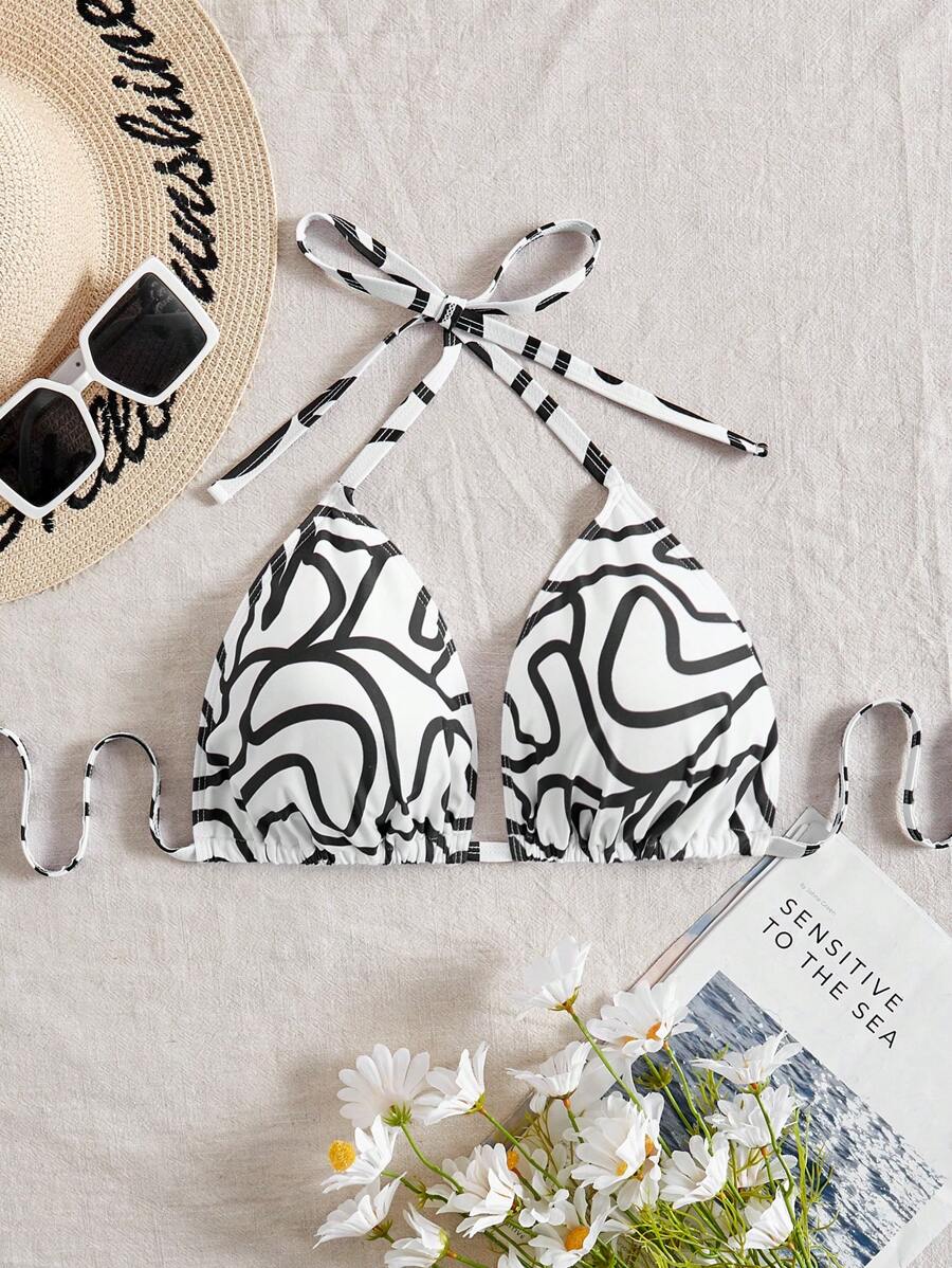 SHEIN Swim Curve Plus Size Summer Beach All Over Print Halter Strap Bikini Top - Black and White - View 1