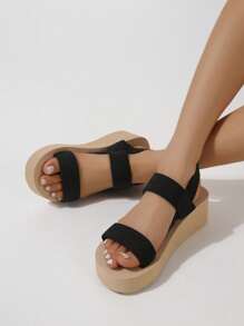 女士彈性帶編織草皮拖鞋,黑色繩索楔型拖鞋,夏季時尚沙灘平底涼鞋,卡其色 - 黑色 - 查看 3