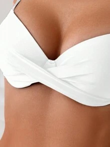 SHEIN Swim Ladies' Solid Color Halter Neck Set With Bikini Top And Bottom, Perfect For Vacation And Swimming, Summer Beach - White - View 3