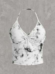 SHEIN EZwear Top De Halter Con Pliegues Con Estampado Tie Dye, Espalda Abierta Y Escote De Amarre