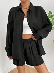 SHEIN EZwear Của phụ nữ mỏng Áo sơ mi 2 cái/bộ - màu đen - Xem 4