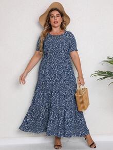 Plus Size Women's Short Sleeve Round Neck Bohemian Vacation Floral Printed Dress - Blue - View 5