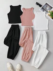 SHEIN Unity 夏季休閒圓領背心以及帶有翻蓋口袋的束口運動長褲 - 彩色 - 查看 4