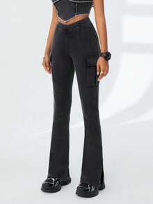 SHEIN Coolane High-Waisted V-Cut Tight-Fit Flared Pants With Side Slit - Black - View 6