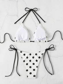 Swim Mod 2026 Spring/Summer Women's Spaghetti Strap Halter Neck White Base Black Polka Dot Random Print Sweet Cute Side Tie Bikini Two Pieces Swimsuit - Black and White - View 3