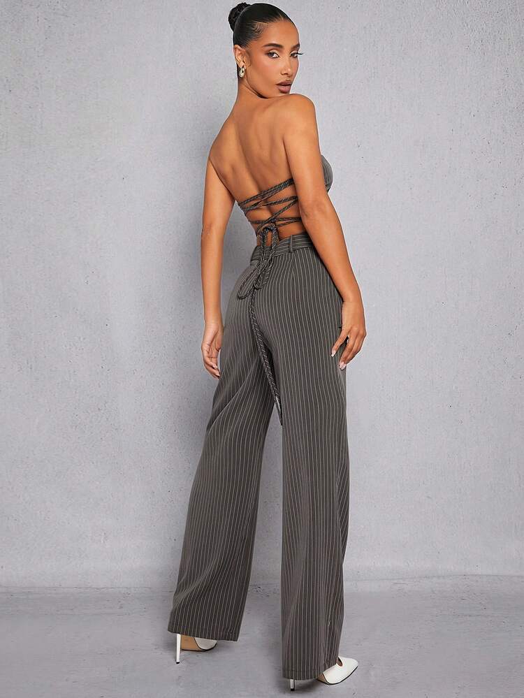 Pinstripe Button Lace Up Back Cargo Pocket Jumpsuit