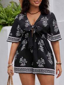 SHEIN VCAY Floral Printed Plus Size Jumpsuit With Bowknot On Front Chest - Multicolor - View 5