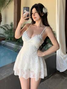 DAZY 女士透明网眼细肩带连体泳衣，适合夏季度假海滩 - 白色 - 查看 7