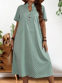 EMERY ROSE 大尺碼女士夏季綠色幾何圖案短袖鈕扣裝飾連衣裙 - 綠色 - 查看 3
