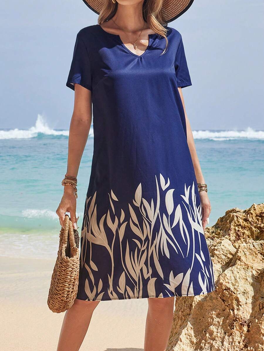 EMERY ROSE Women's Vacation Plant Printed V-Neck Short Sleeve Dress With Notched Collar Blue Dress - Blue - View 1