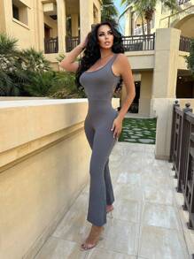 VaVaBold Sleeveless Grey Jumpsuit With Hollow Out Back Design, Slim Fit