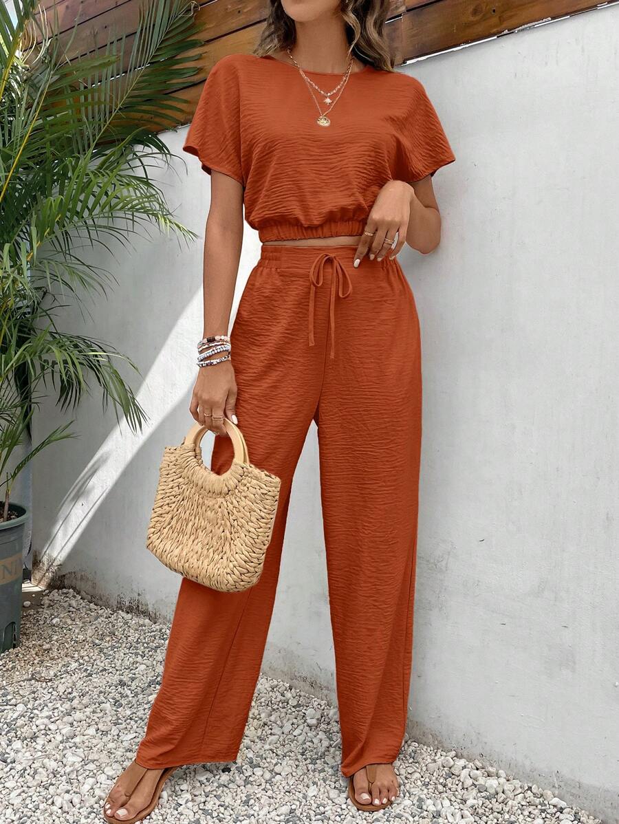 SHEIN Frenchy Women's Pants Set Loose Texture Solid Color Casual Two Pieces Suit Earthy Clothes Christmas Summer - Redwood - View 1