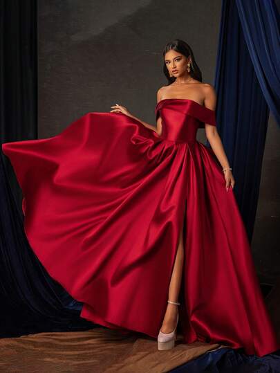 Vestido de Festa de Gala de Ombro Caído Vermelho Vinho com Laço Luxuoso da Smilprince, Vestido de Convidada de Casamento, Vestido de Festa, Vestido Formal de Primavera
