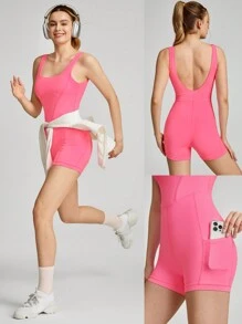 GLOWMODE 4.3英寸 FeatherFit™ 收腹侧袋连体衣 U型后背防滑口袋轻度支撑低冲击瑜伽馆健身房日常夏季 - 粉色 - 查看 8