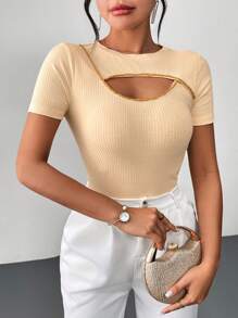 SHEIN Privé Women's Yellow Beaded Ribbon Scoop Design Summer Short T-Shirt - Yellow - View 1