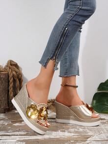 女款楔形跟厚底涼鞋,2024夏季新款鑲有水鑽,防水平台,高跟,大尺碼全配羅馬鞋款 - 金色 - 查看 5