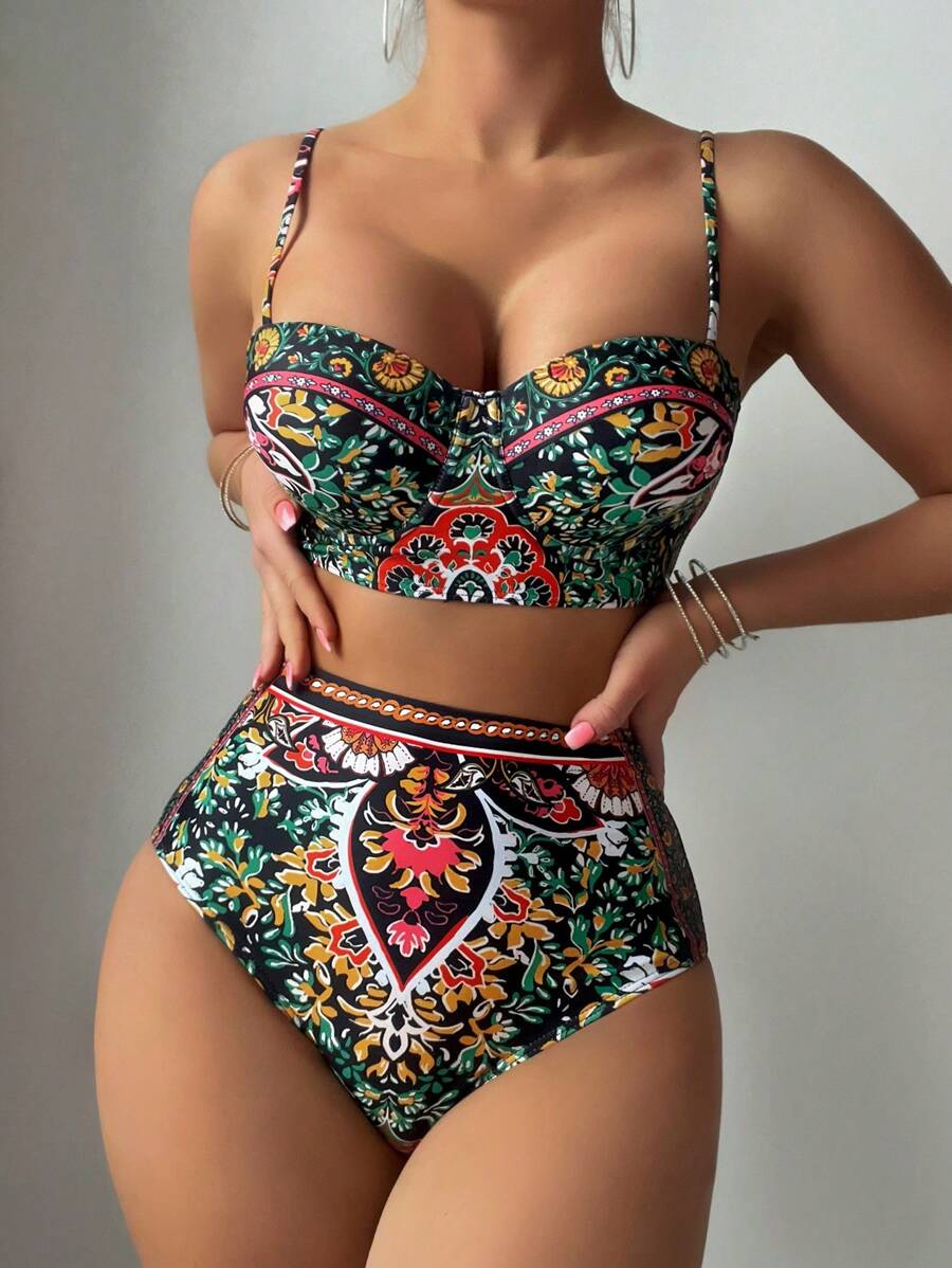 SHEIN Swim 女性熱帶植物印花比基尼套裝,適合度假使用 - 彩色 - 查看 1