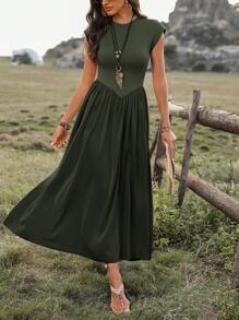 SHEIN LUNE Vestido casual largo de manga corta con cuello redondo para mujer, atuendo maxi de verano para mujeres - Verde militar - Ver 5