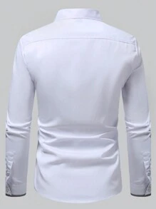 Manfinity Mode 男士春夏款格子拼接設計鈕扣長袖休閒襯衫，修身版素白襯衫，適用於丈夫 - 白色 - 查看 2