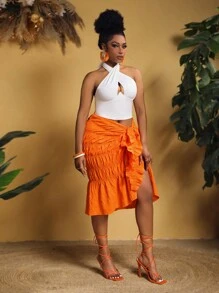 Slaydiva 大尺碼女士彩色拼接十字背心領上衣和裙子沙灘假期套裝 - 彩色 - 查看 5