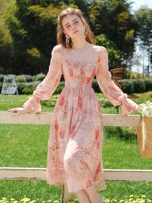 Đầm Xù Dây kéo Nếp gấp Phần Ngực Hoa Boho - Hồng - Xem 4